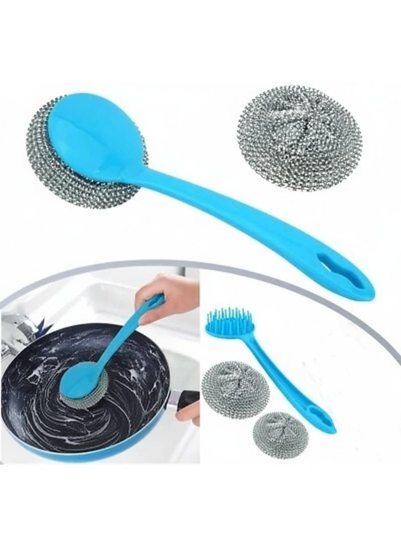 ليفة مواعين سلك بيد مقبض بلاستيكي 4*1 قطعة إسفنجة مطبخ سلكية من الفولاذ المقاوم للصدأ لغسل الأطباق وتنظيف أدوات المطبخ، ليفة استانلس حلزونية لتنظيف حلل الطهي والأطباق - Image 4